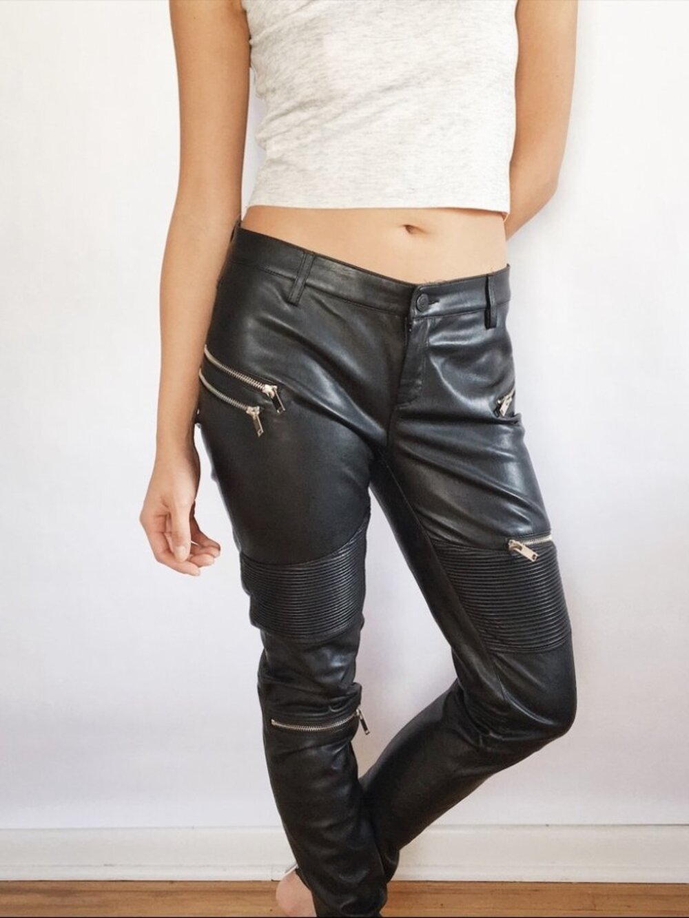 Zara Black leather biker pants with zippers